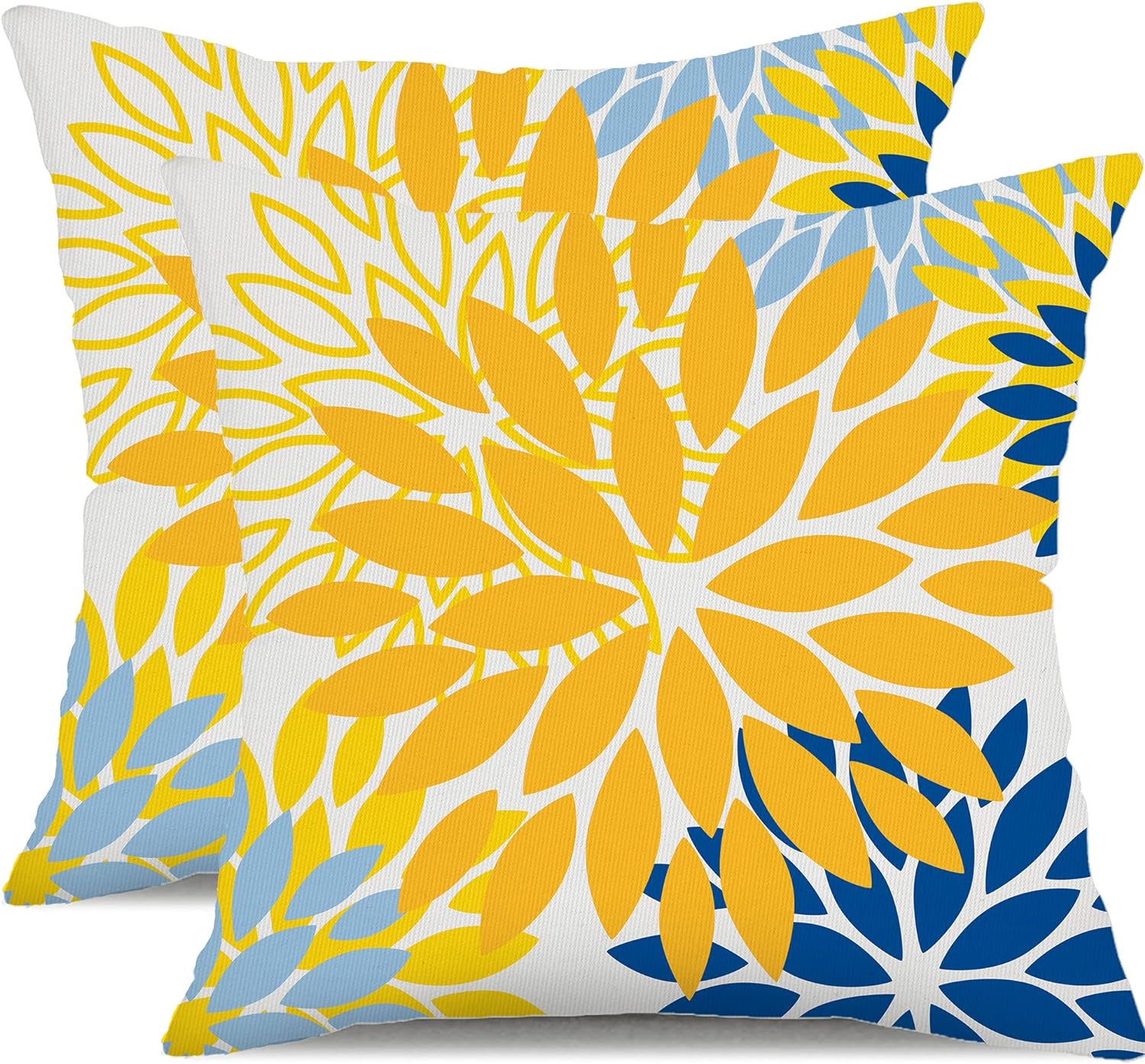 Yellow Blue Flower Pillow Covers 18x18 Inch Set of 2 White Gray Colored Throw Pillows Outdoor Waterproof Decor for Living Room Sofa Patio Funiture Garden Floral Polyester Pillow Covers 002J